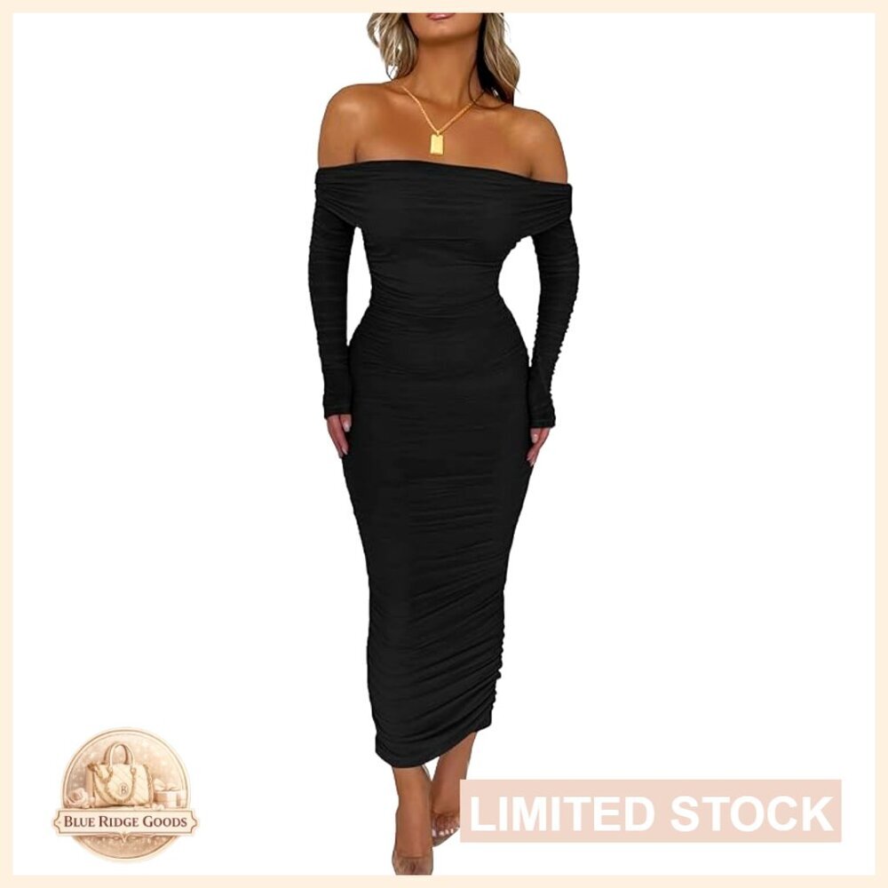 Off Shoulder Bodycon Maxi Dress Ruched Long Sleeve Slit Back Club Night Out